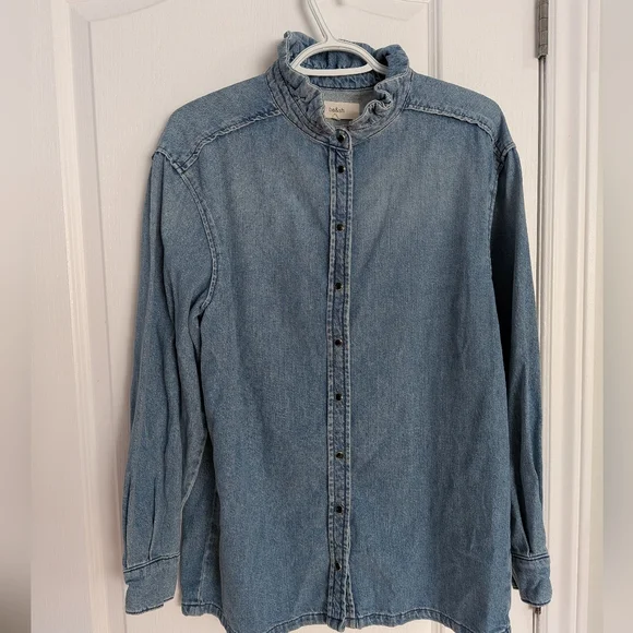 Ba&Sh Denim Shirt High Ruffle Collar Blue Size 3 - Picture 10 of 11
